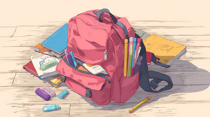 Colorful backpack with school supplies scattered.