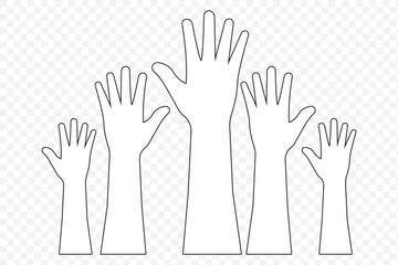 hand rise vote icon sign vector. hands up, raised up volunteering, audiences and teamwork in Stroke on Transparent Background. EPS 10.