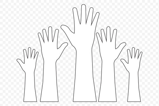 hand rise vote icon sign vector. hands up, raised up volunteering, audiences and teamwork in Stroke on Transparent Background. EPS 10.