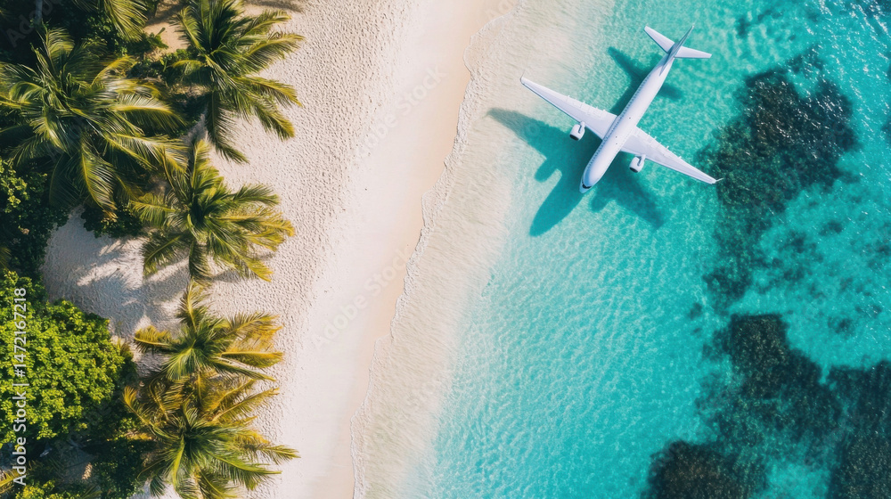 Poster Aerial view of a passenger airplane gently resting on a pristine beach, next to turquoise ocean water and lush palm trees. : Generative AI