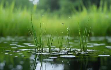 Obraz premium Fresh grass blades emerge from a still pond, water droplets splashing around them, reflecting greenery.