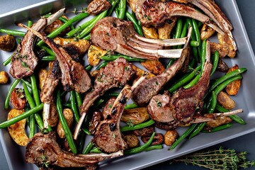Grilled or roasted lamb chops with green beans and potatoes, spring recipe
