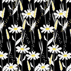Bold seamless vector pattern featuring white daisies and yellow spikes on a deep black background. Eye-catching and elegant — ideal for fashion fabric, modern packaging, or stationery.