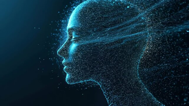 Abstract digital human face with blue glowing lines, futuristic technology, artificial intelligence, data flow, innovation, imagination, network, science, emotion, creativity, inspiration
