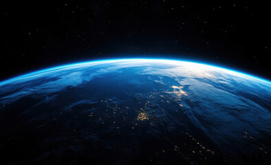 Obraz premium Stunning view of Earth from space, showcasing a vibrant blue planet with swirling clouds and city lights illuminating the night side. : Generative AI