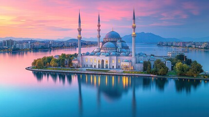 Fototapeta premium Mosque on an island at sunset, reflecting in calm water