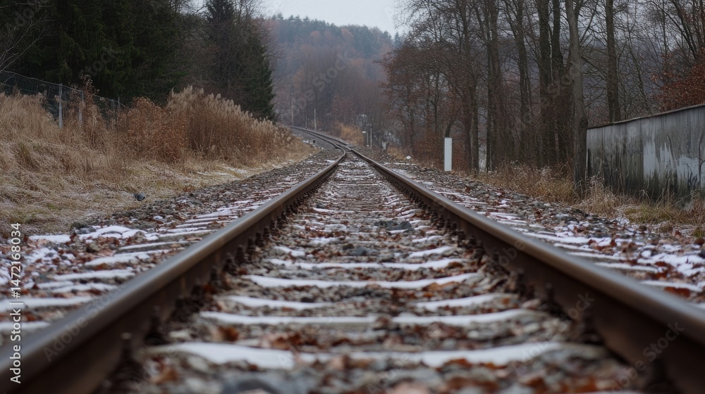 Poster a perspective view of railway tracks vanishing into a winter forest, snow dusting the ground and dry