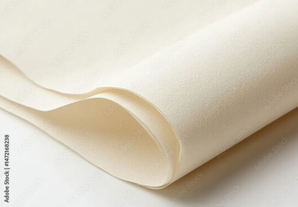 Poster cream-colored paper sheets elegantly rolled, showcasing a soft, textured surface with subtle light r