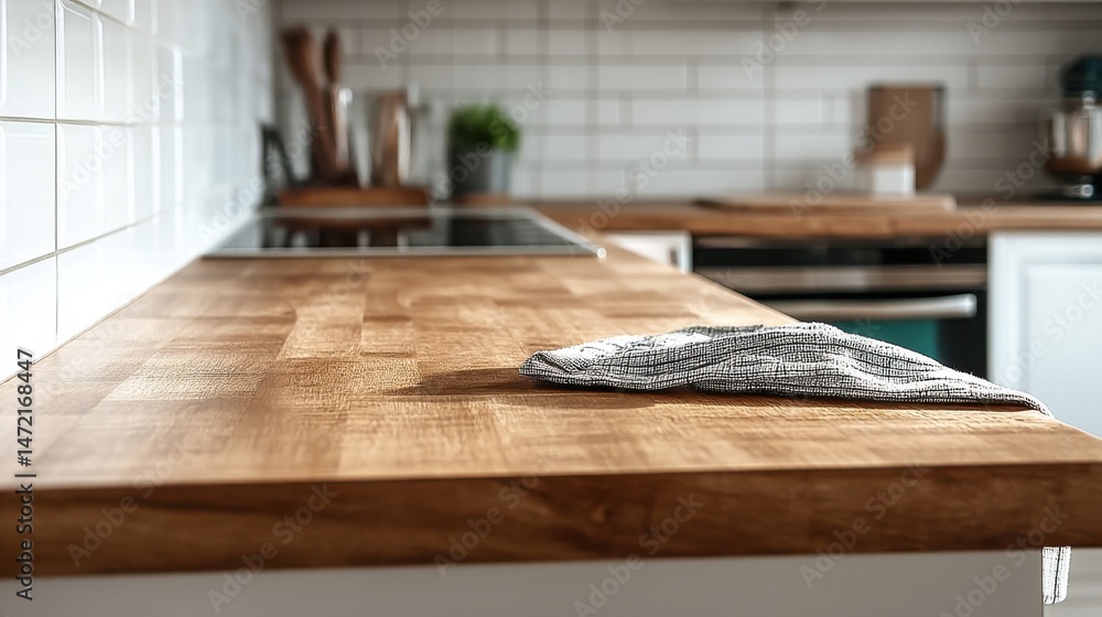 Poster a neatly folded kitchen towel rests on a light brown butcher block countertop, showcasing a modern k