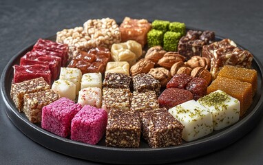 Assorted colorful sweet treats, squares, and nuts arranged on a dark plate.