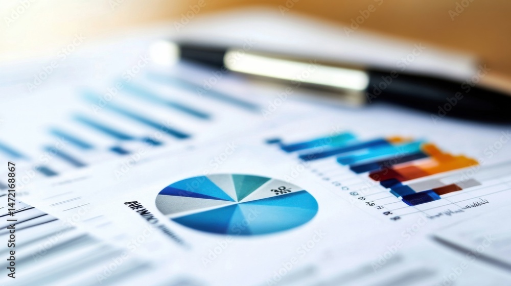 Poster close-up of financial report showing bar charts and pie chart, with a pen subtly out of focus in the