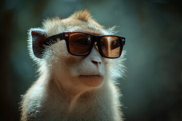 Portrait of a cute monkey wearing sunglasses, set against a beautiful natural background, set against a natural environment background, with a clear focus and a calm expression.
