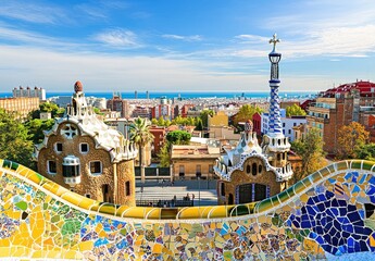 Vibrant mosaic bench overlooks Barcelona cityscape and Mediterranean Sea, showcasing Gaudi's architectural style in Park Güell. : Generative AI