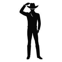 Cowboy silhouette standing upright, one hand tipping his hat 