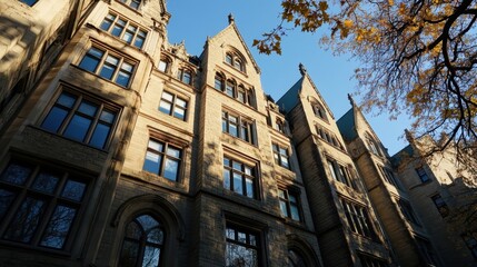 Obraz premium Sunlight illuminates the gothic stone facade of a grand university building, autumn leaves frame the scene. : Generative AI
