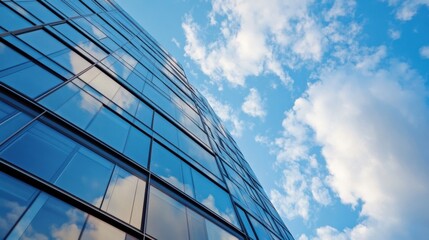Obraz premium Modern glass skyscraper reflecting clouds and blue sky, low angle view showcasing architectural details and urban environment. : Generative AI