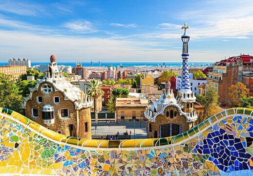 Vibrant mosaic bench overlooks Barcelona cityscape and Mediterranean Sea, showcasing Gaudi's architectural style in Park G&uuml;ell. : Generative AI