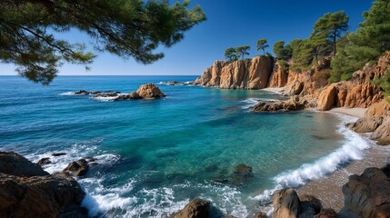 Rocky coast with vibrant blue ocean, trees, and cliffs under clear blue sky