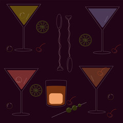 Set of alcoholic cocktails martini aperol and shots. Cortels in transparent glasses. Stickers in the form of cocktails, summer cocktails for the beach, party. Stickers, decals, icons in the form of co