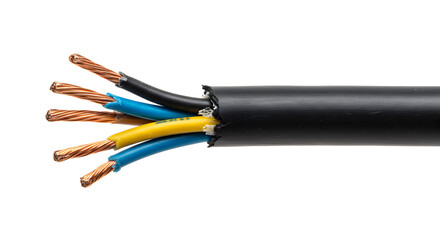 Cut Black Electrical Cable Displaying Copper Wires with Blue Black and Yellow Insulation on Seamless White Backdrop
