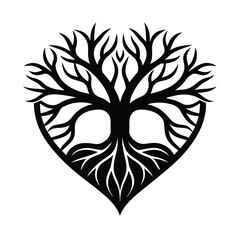 Elegant black and white illustration of a stylized tree of life symbol in a heart shape