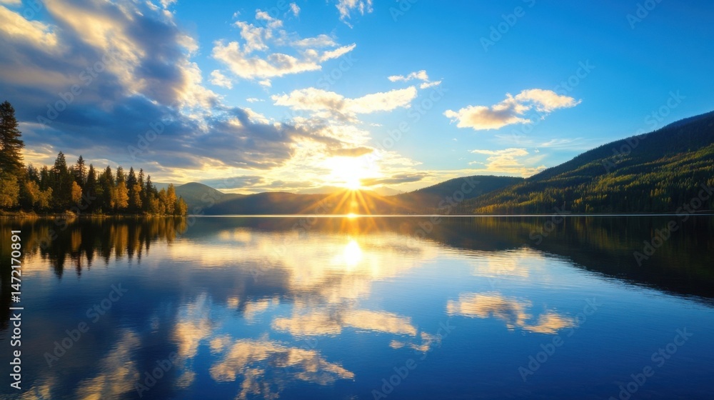 Aufkleber serene sunset over a calm lake, reflecting golden clouds and a mountain range, with a shoreline of e