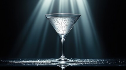 Sparkling cocktail in a martini glass, illuminated by spotlights.  A sophisticated drink, presented on a dark surface