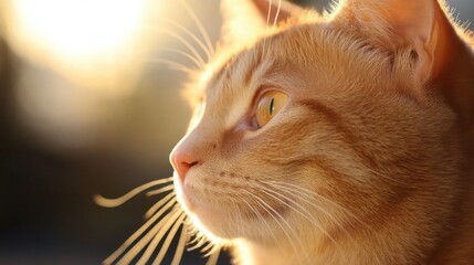 Profile of a ginger cat illuminated by warm sunset light, showcasing its soft fur and bright eyes, a peaceful and serene moment captured. : Generative AI
