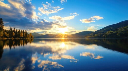 Fototapeta premium Serene sunset over a calm lake, reflecting golden clouds and a mountain range, with a shoreline of evergreen trees showing autumnal colors. : Generative AI