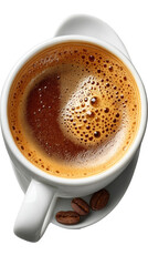 Fototapeta premium Aromatic Morning Brew: The close-up shot features a pristine white cup filled with a rich, inviting coffee brew and some coffee beans.