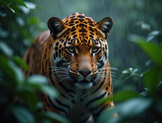 Fototapeta premium Stunning jaguar in the jungle in the rain.
