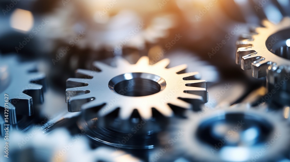 Poster Close-up view of intricate metallic gears interlocked, showcasing precision engineering and complex machinery.  The image highlights the detailed craftsmanship and functionality of the : Generative AI