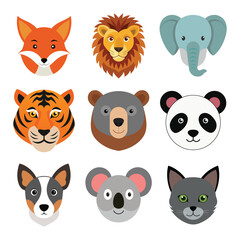 Cute Animal Faces Vector Set in Simple Flat Style