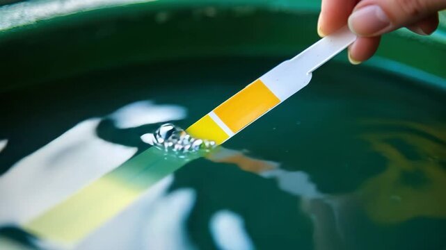 Hand holding pH test strip with yellow and orange color changes above green liquid surface, testing water quality and chemical analysis laboratory science closeup, environmental measurement of liquid