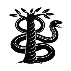 Symbolic black illustration featuring a tree entwined by a snake with open mouth and leaves