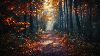 Autumn Forest Path: Sunlight Through Orange And Red Leaves