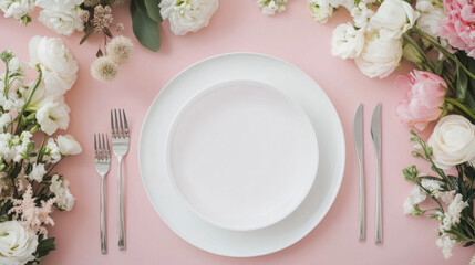 Elegant table setting with white plates and pink flowers, perfect for a romantic dinner or special occasion. : Generative AI