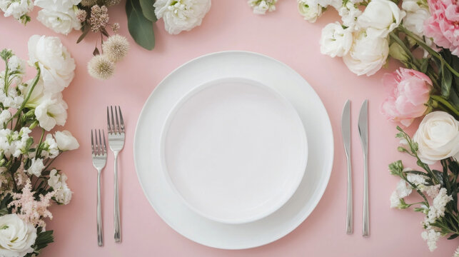 Elegant table setting with white plates and pink flowers, perfect for a romantic dinner or special occasion. : Generative AI