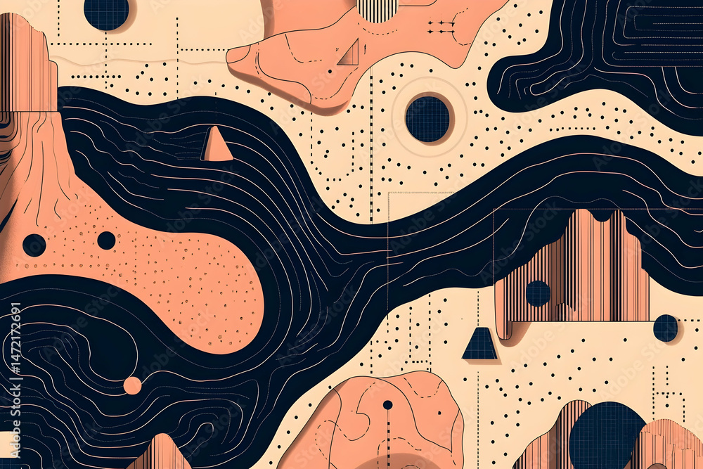 Poster abstract landscape design with layered shapes and lines