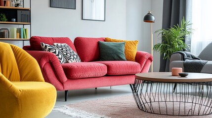 Modern living room with red sofa, mustard yellow armchair, and round coffee table.
