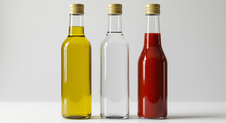 Bottles of condiments on white background.
