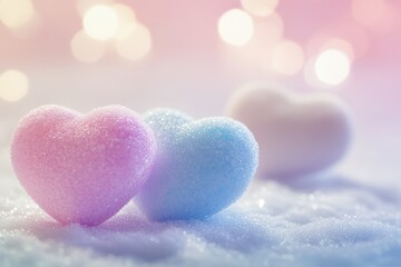 Fototapeta premium Two Pastel Hearts on Sparkling Snow Romantic Valentine's Day Background