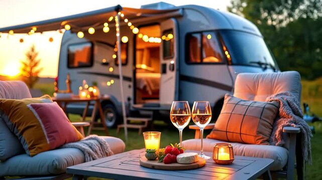 Romantic Camper Van Sunset: Cozy Outdoor Dining with Wine & Food. Van Life Travel Adventure, Evening Ambiance. Ideal for RV Glamping Inspiration. 4K Video. 