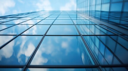 Fototapeta premium Modern skyscraper facade reflecting a vibrant blue sky and fluffy clouds, showcasing a stunning architectural design with sleek glass panels and strong metal frames. : Generative AI