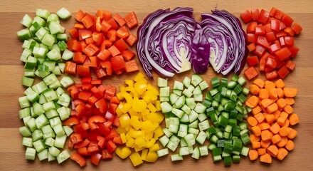 Colorful diced vegetables preparation for healthy meals and balanced diet