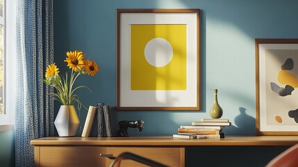 Cozy home office with artwork and sunflowers. Sunlight streams into a room with a wooden desk, framed artwork, and a vase of sunflowers. Books and other decorative items are on the desk.