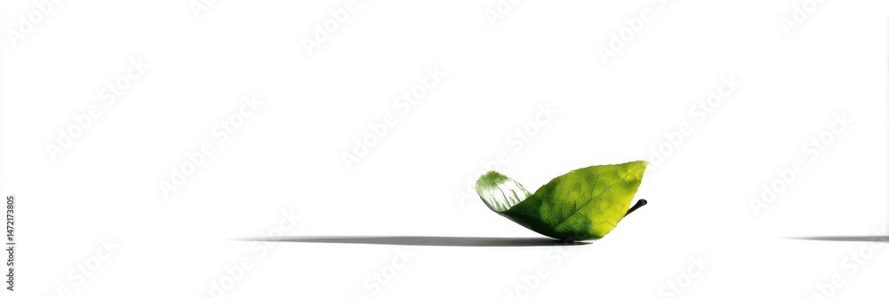 Aufkleber Single green leaf rests gently on a pristine white surface, casting a subtle shadow, showcasing its vibrant color and delicate texture. : Generative AI