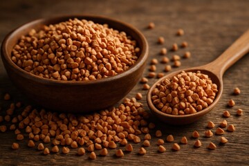 Close-up of buckwheat grains in bowl. Detailed shot of buckwheat in round wooden bowl. Suitable for food blogs, healthy recipes, or gluten-free lifestyle visuals.

