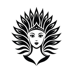 Elegant black and white illustration of a woman adorned with a headdress and crown in vector style
