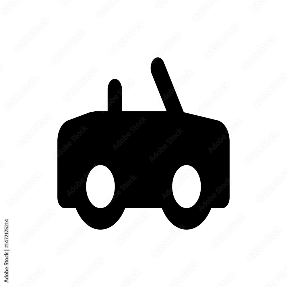 Poster silhouette of a convertible car with two visible wheels and a partially open roof on a white backgro